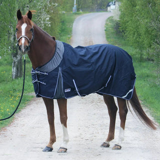En fuxfärgad häst med bläs står på en grusväg. Häsen har på sig ett nova regntäcke i modellen freedom i färg marinblå grå. 